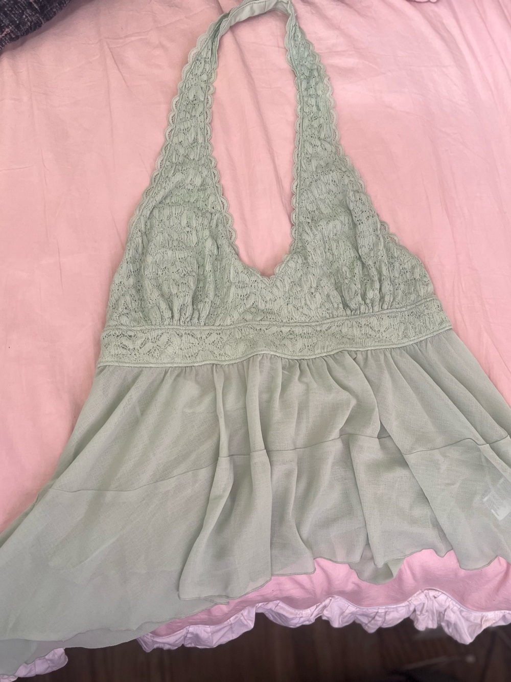 Kimchi Blue Light Sage Green Halter Lace-Trim Camisole
